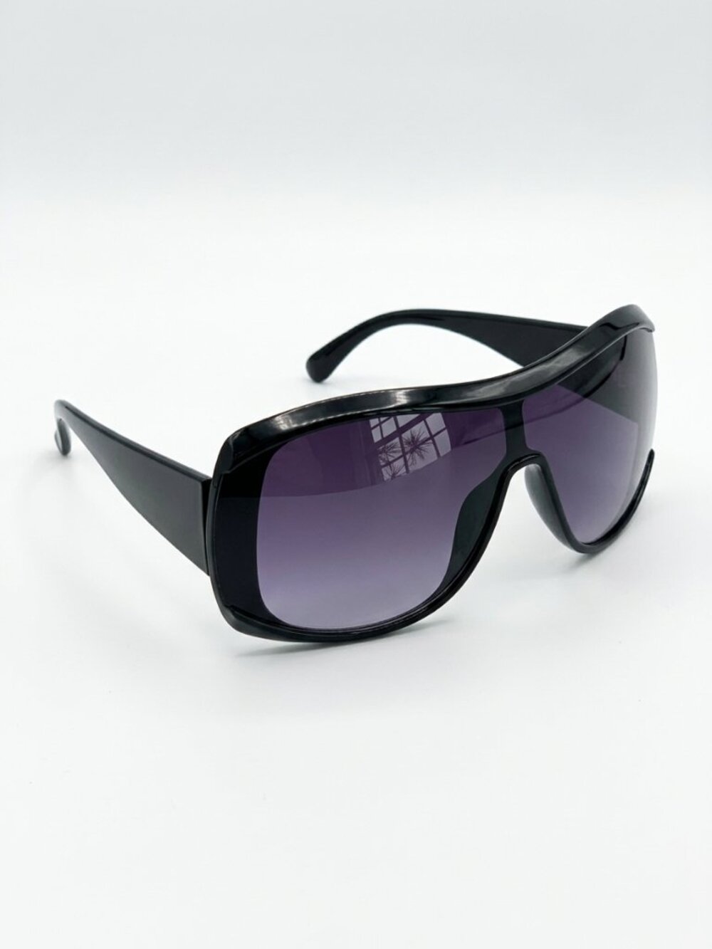 Black Oversized Flat Top Sunglasses - Classic Shield Style